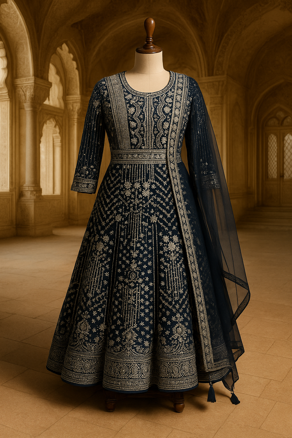 Navy Blue Embroidered Indo Western Dress