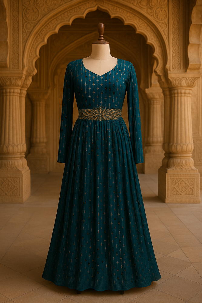 Navy Blue Georgette Gown with Western Sleeves