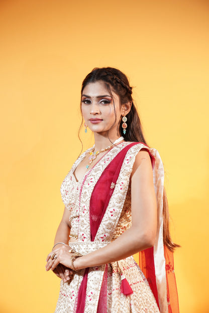 Off White Lehenga with Pink Dupatta