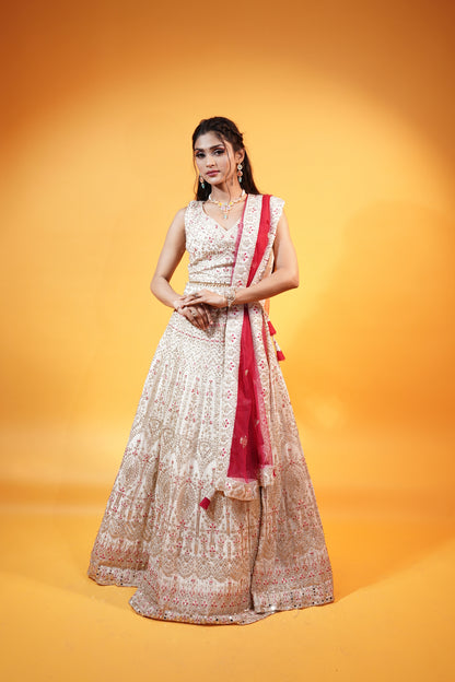 Off White Lehenga with Pink Dupatta