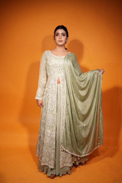 Front Slit Anarkali Suit Paired with Lehenga