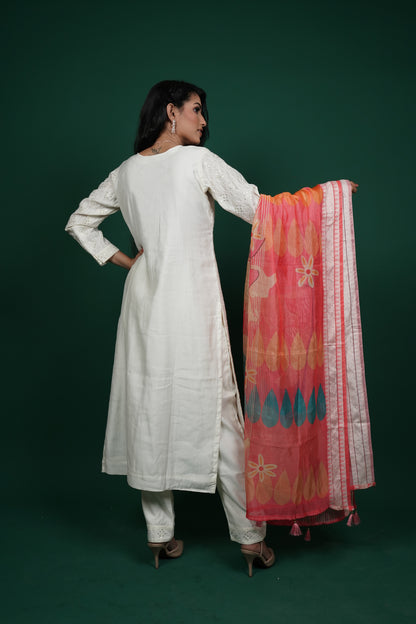 Off-White Chikankari Kurti Set with Multicolored Dupatta