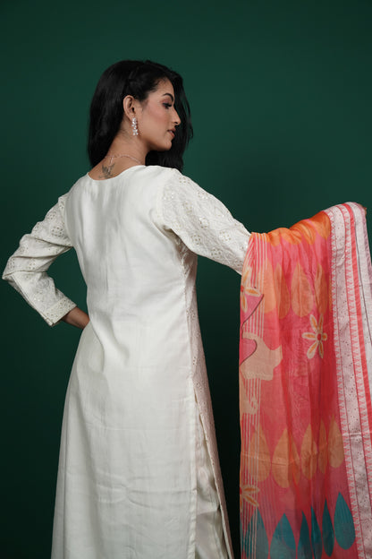 Off-White Chikankari Kurti Set with Multicolored Dupatta