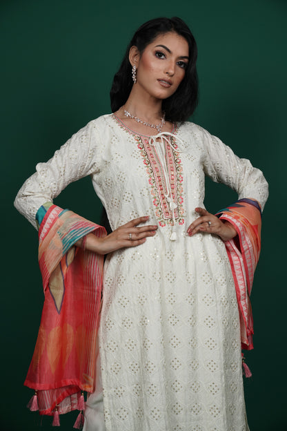 Off-White Chikankari Kurti Set with Multicolored Dupatta