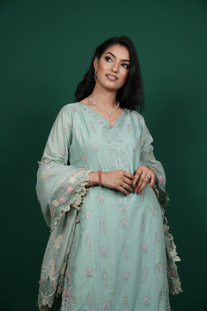 Mint Green Cotton Kurti Set with Thread Embroidery & Sequins Work