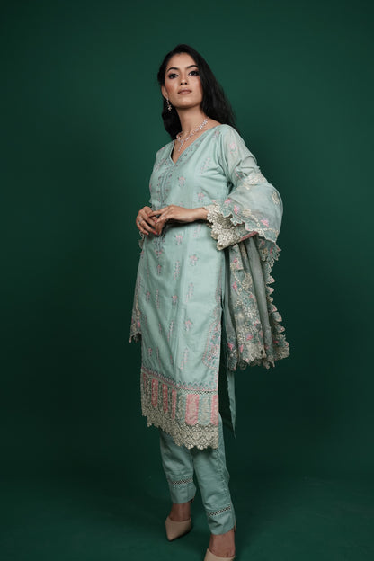 Mint Green Cotton Kurti Set with Thread Embroidery & Sequins Work