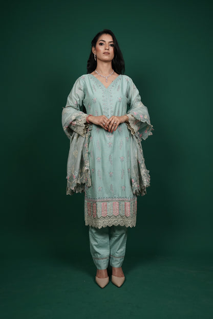 Mint Green Cotton Kurti Set with Thread Embroidery & Sequins Work