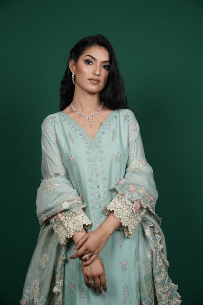 Mint Green Cotton Kurti Set with Thread Embroidery & Sequins Work