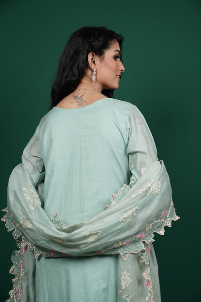 Mint Green Cotton Kurti Set with Thread Embroidery & Sequins Work