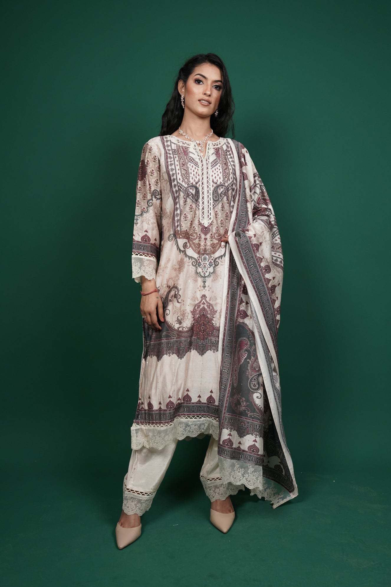 Elegance in Cream – Kurti Set with Pant & Dupatta