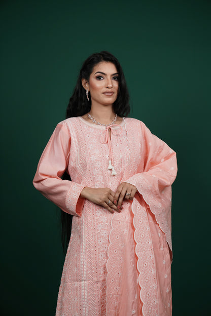 Peach Elegance – Chikankari Embroidered Kurti Set