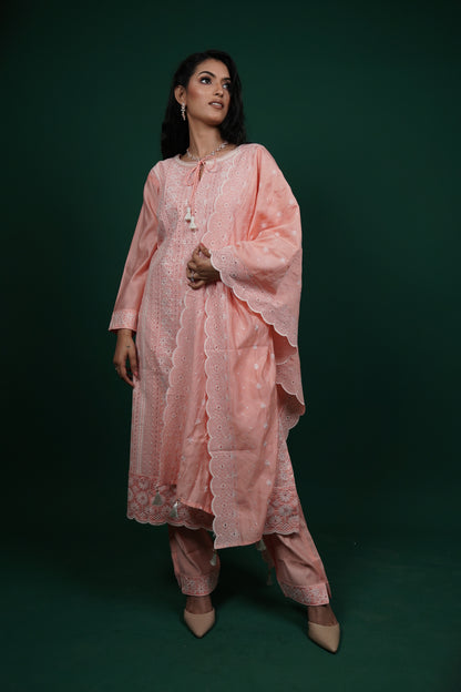 Peach Elegance – Chikankari Embroidered Kurti Set
