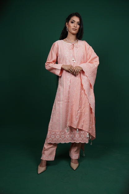 Peach Elegance – Chikankari Embroidered Kurti Set