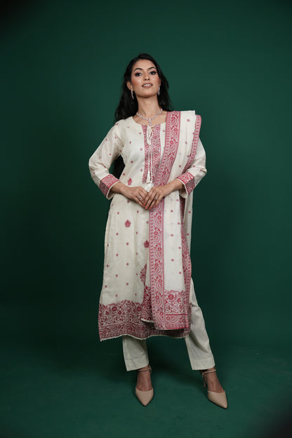 Elegant Thread Embroidered Kurti Set – White & Maroon