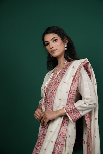 Elegant Thread Embroidered Kurti Set – White & Maroon