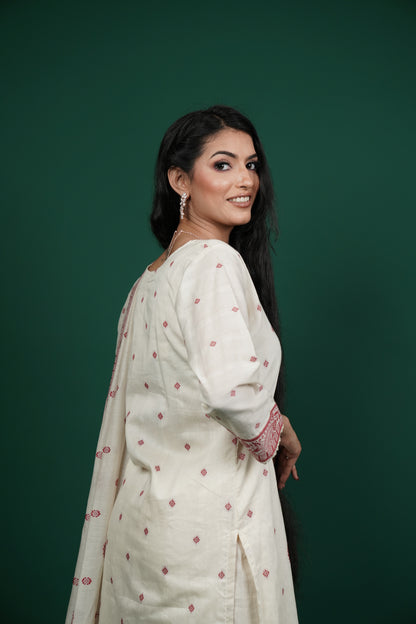 Elegant Thread Embroidered Kurti Set – White & Maroon
