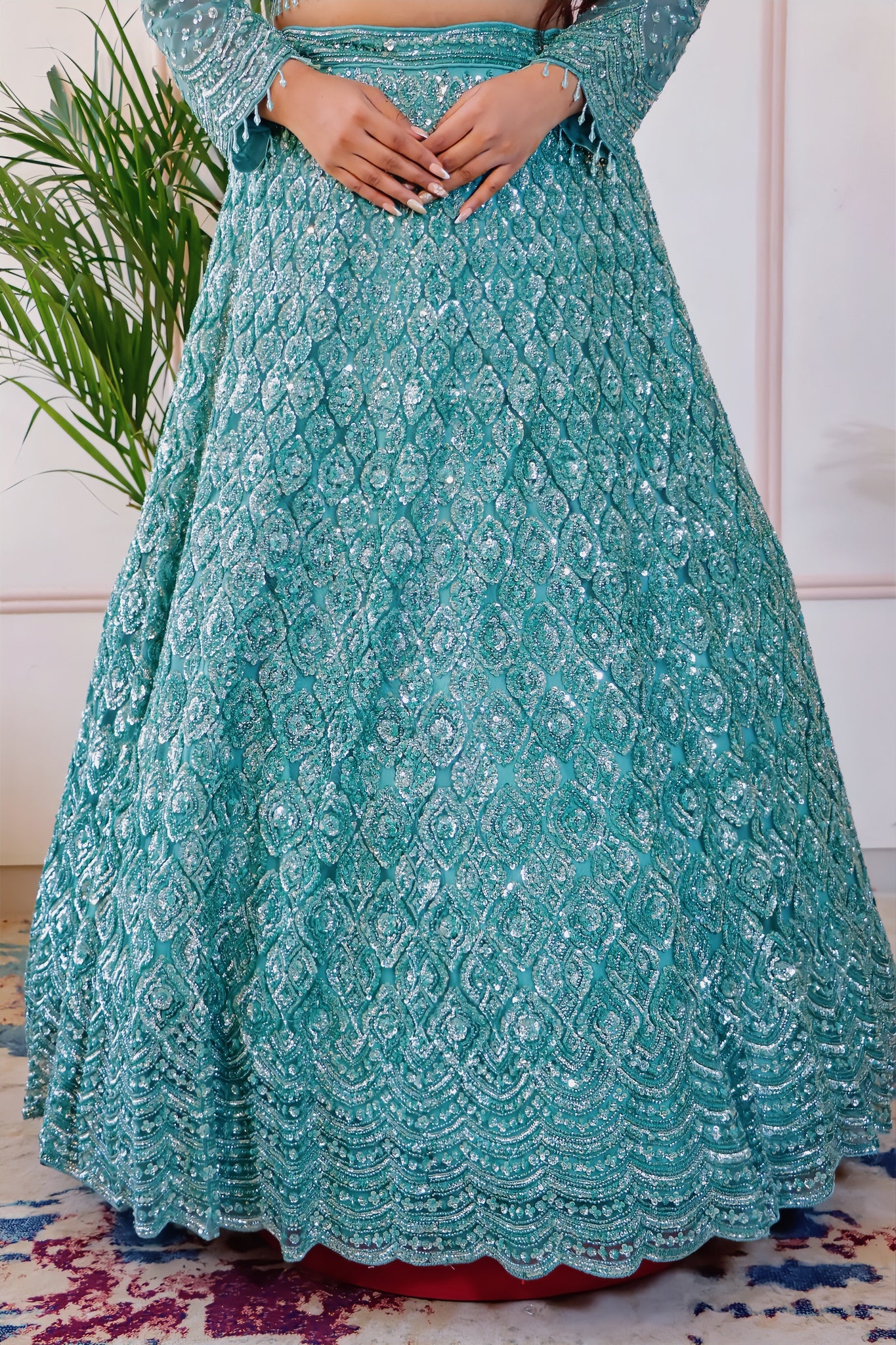 Teal Green Net Lehenga