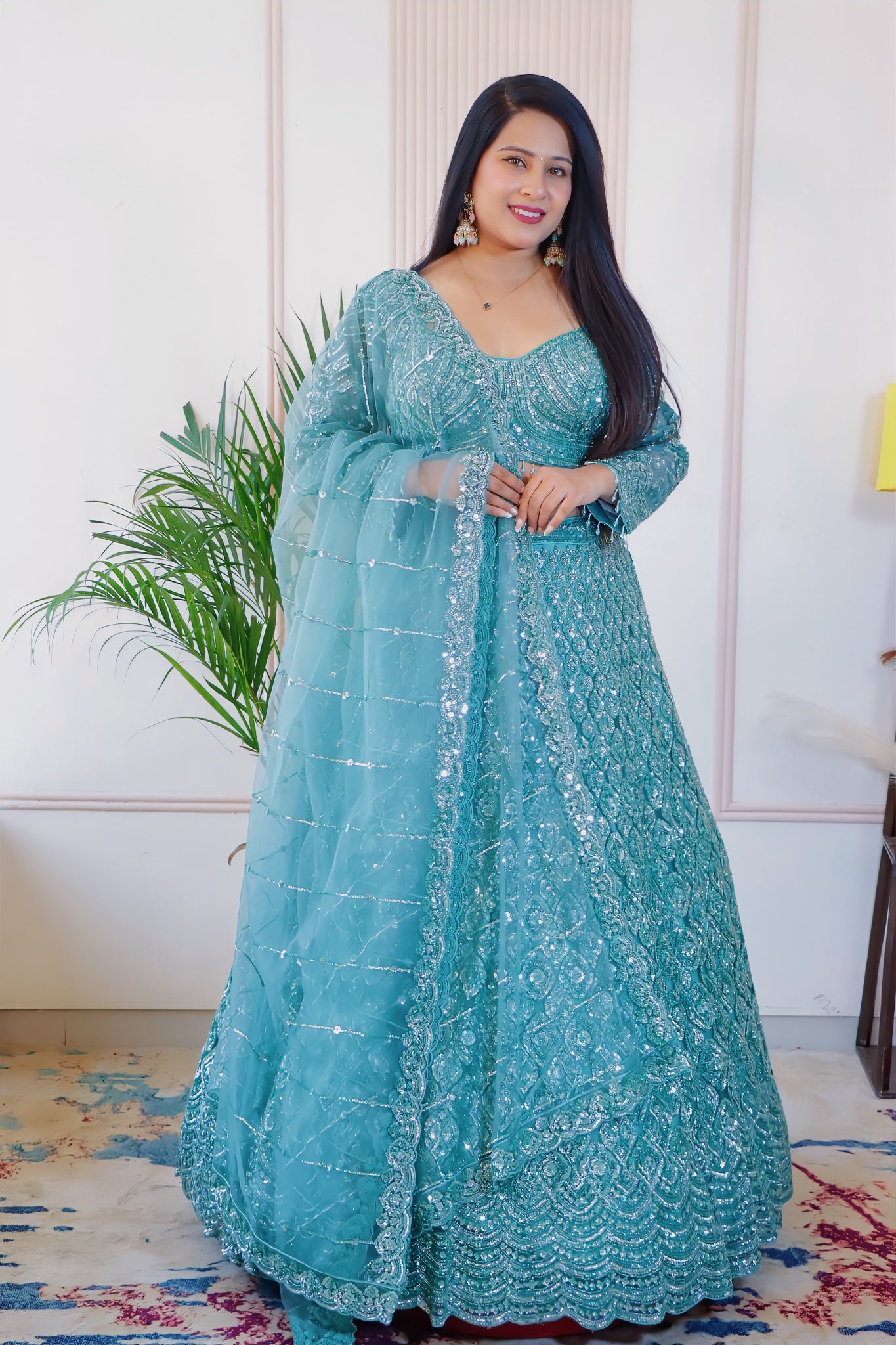 Teal Green Net Lehenga
