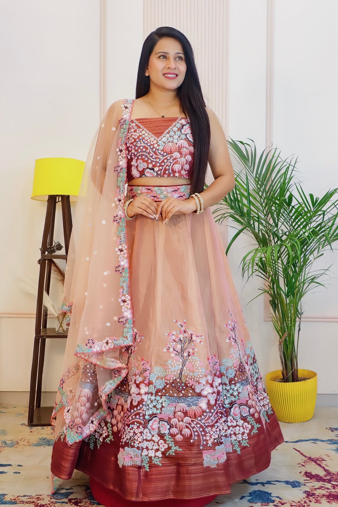 Brown Chinnon Silk - Semi Stitched Lehenga