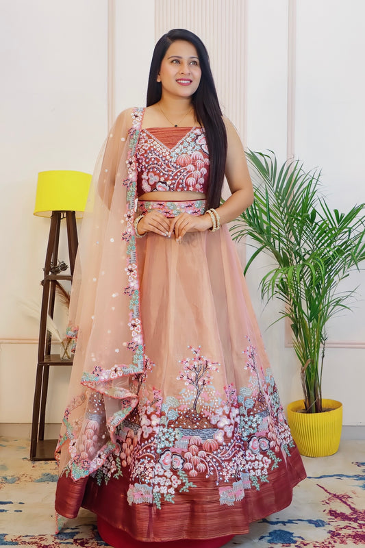 Brown Chinnon Silk - Semi Stitched Lehenga