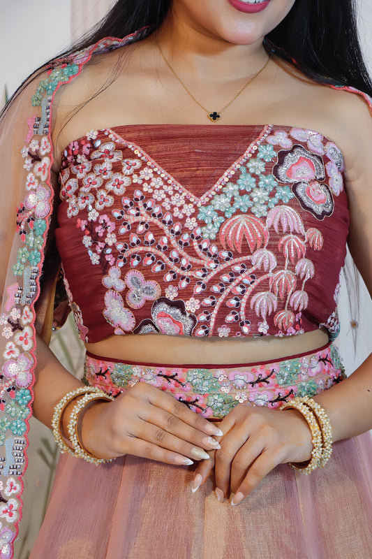 Brown Chinnon Silk - Semi Stitched Lehenga