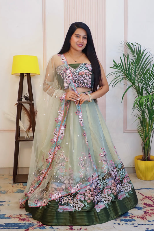 Emerald Green Chinnon Silk Semi-Stitched Lehenga