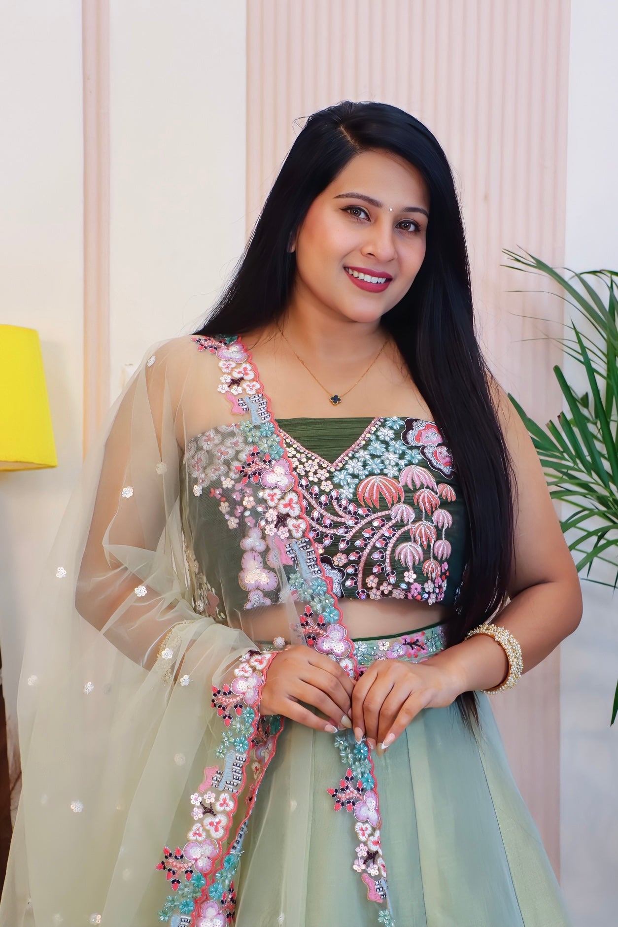 Emerald Green Chinnon Silk Semi-Stitched Lehenga