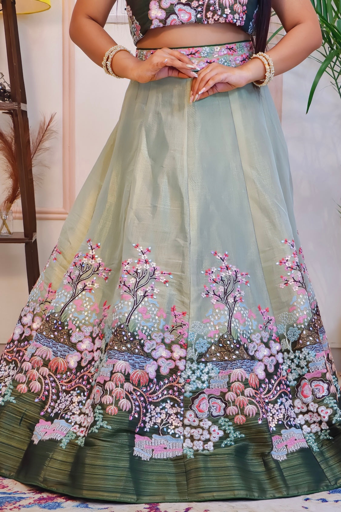 Emerald Green Chinnon Silk Semi-Stitched Lehenga