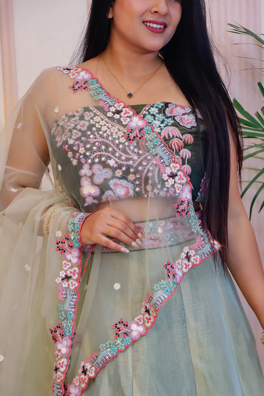 Emerald Green Chinnon Silk Semi-Stitched Lehenga