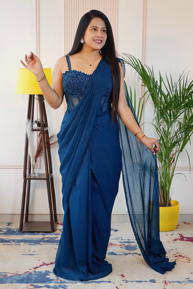 Teal Green Georgette Drape Saree