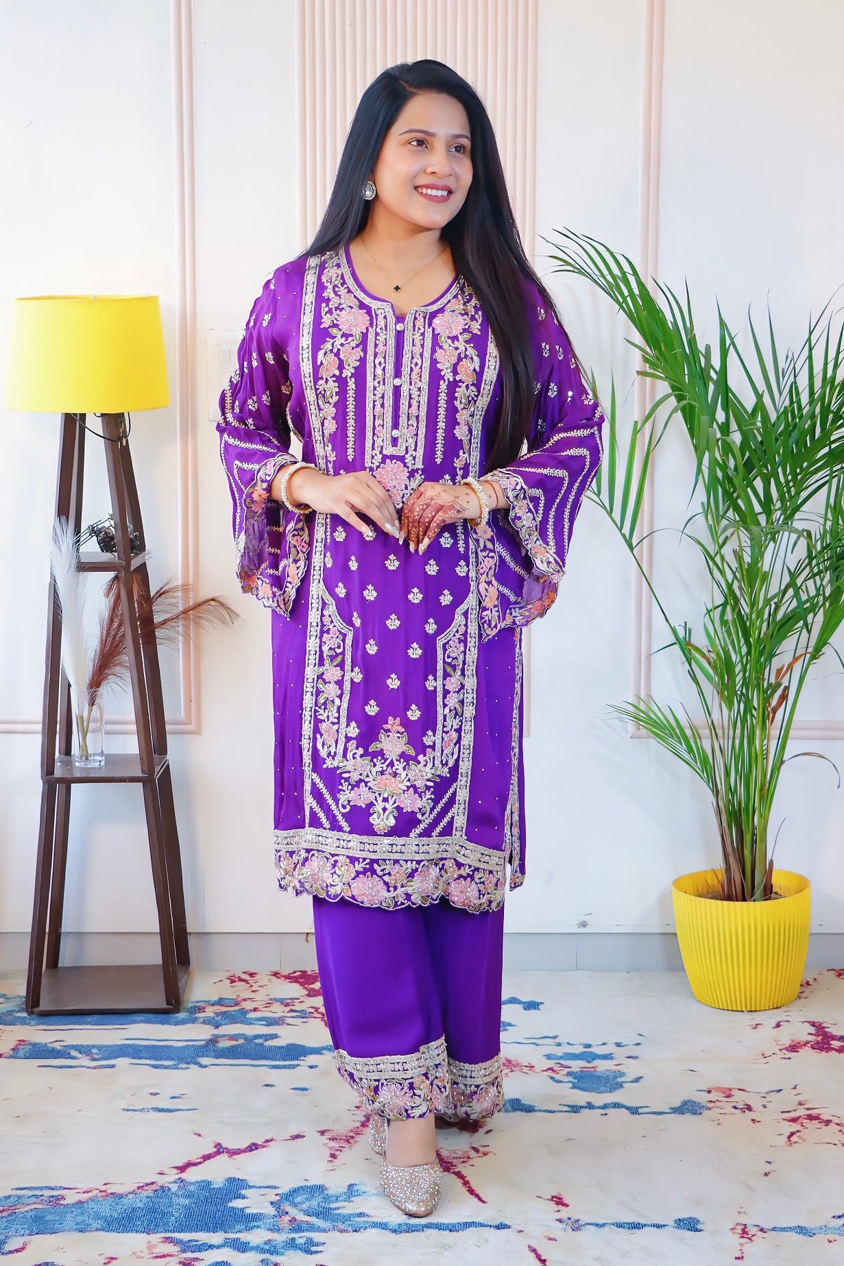 Purple Chiffon Kurti with Palazzo & Dupatta
