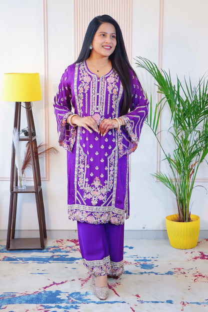 Purple Chiffon Kurti with Palazzo & Dupatta