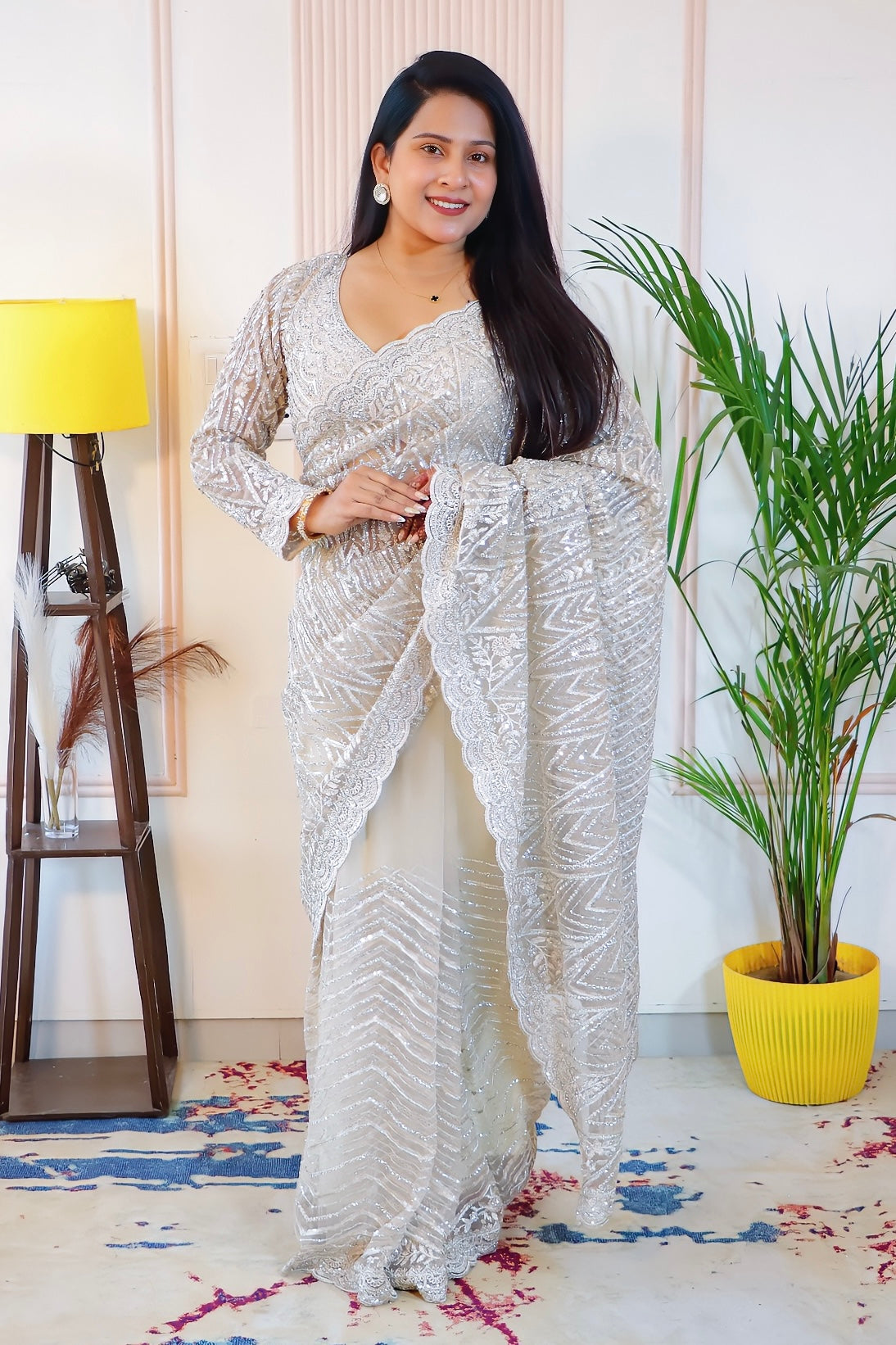 Elegant Grey Net Saree
