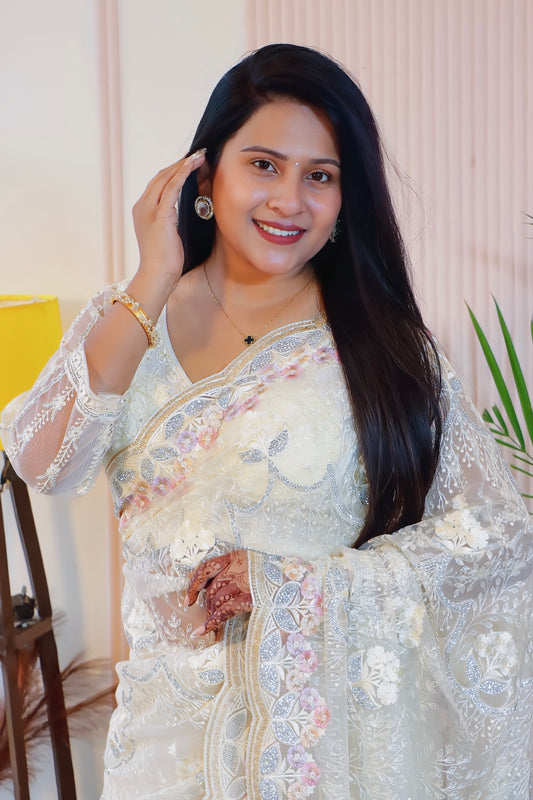 Elegant Cream Net Embroidered Saree
