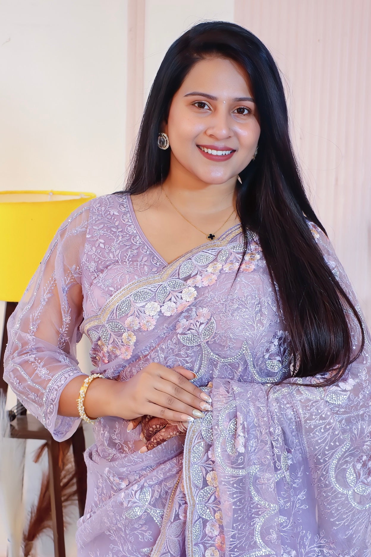 Elegant Lilac Net Embroidered Saree