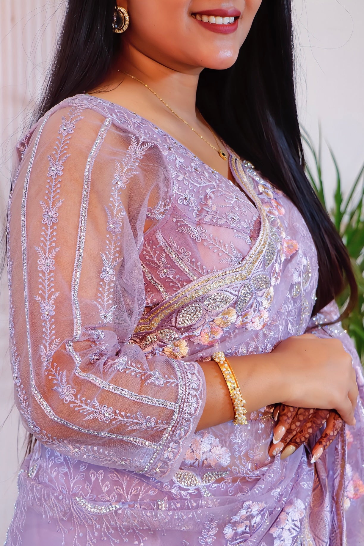 Elegant Lilac Net Embroidered Saree