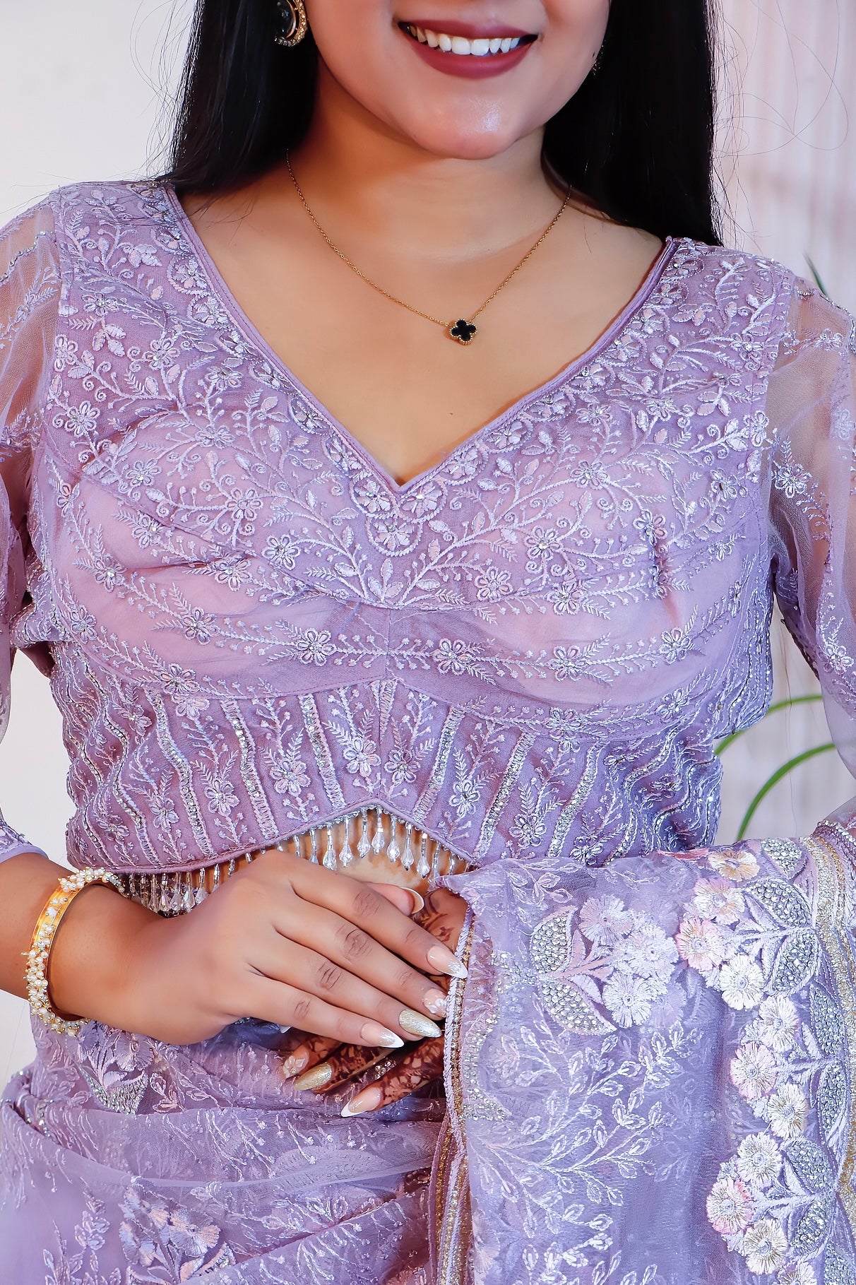 Elegant Lilac Net Embroidered Saree