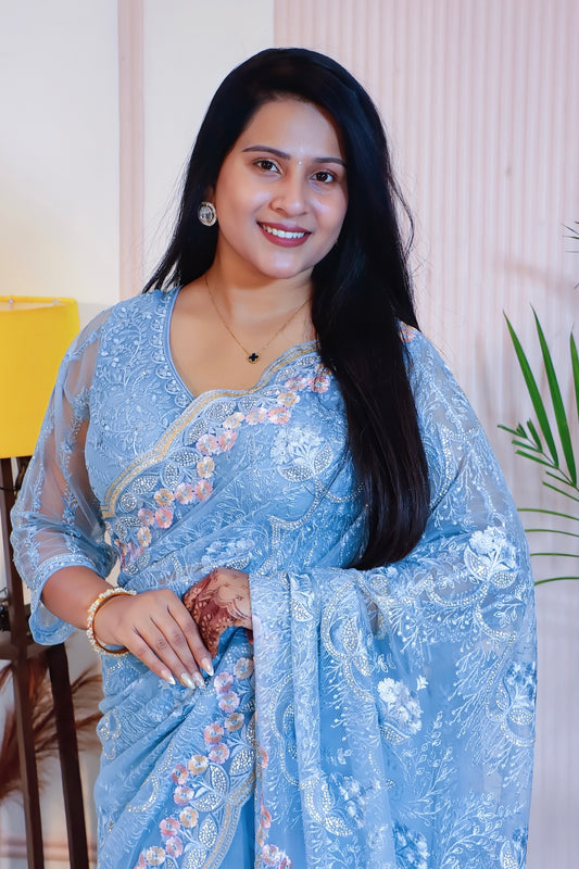 Elegant Blue Net Embroidered Saree