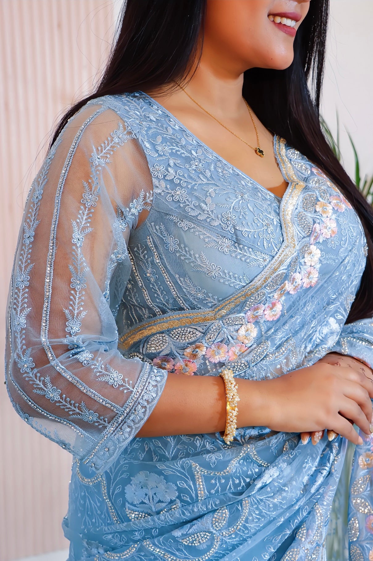 Elegant Blue Net Embroidered Saree