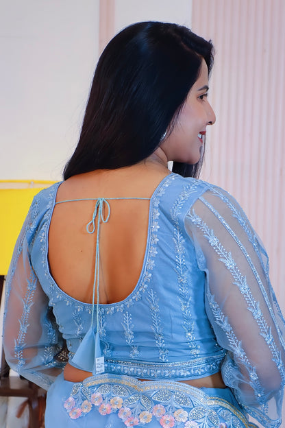 Elegant Blue Net Embroidered Saree
