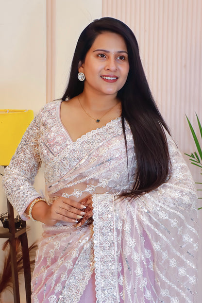 Elegant Pink Net Embroidered Saree