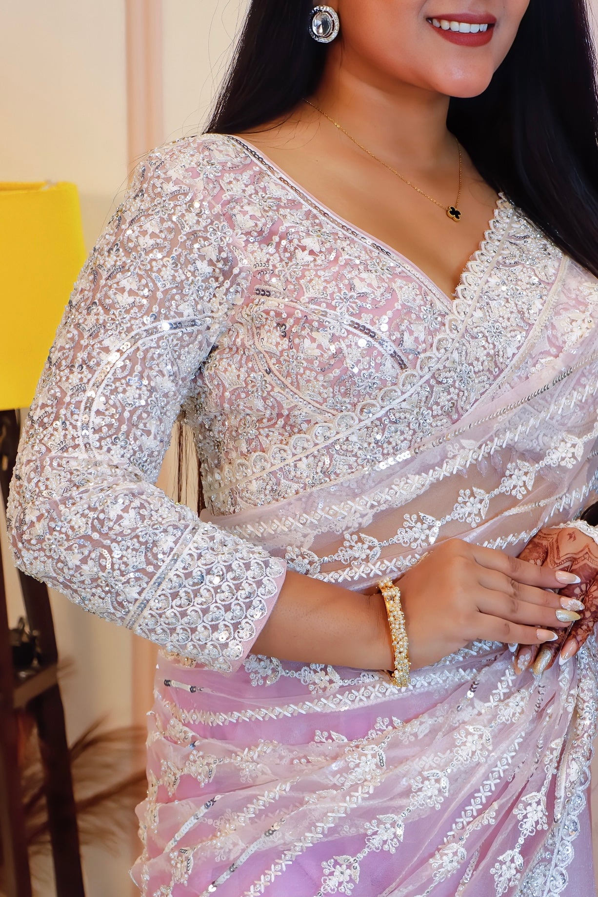 Elegant Pink Net Embroidered Saree