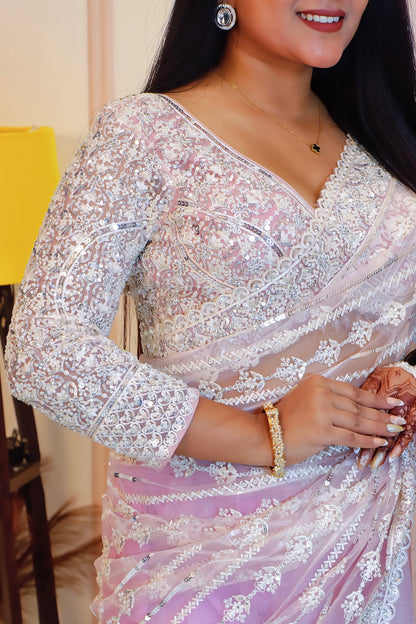 Elegant Pink Net Embroidered Saree