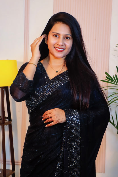Midnight Black Silk Georgette Saree