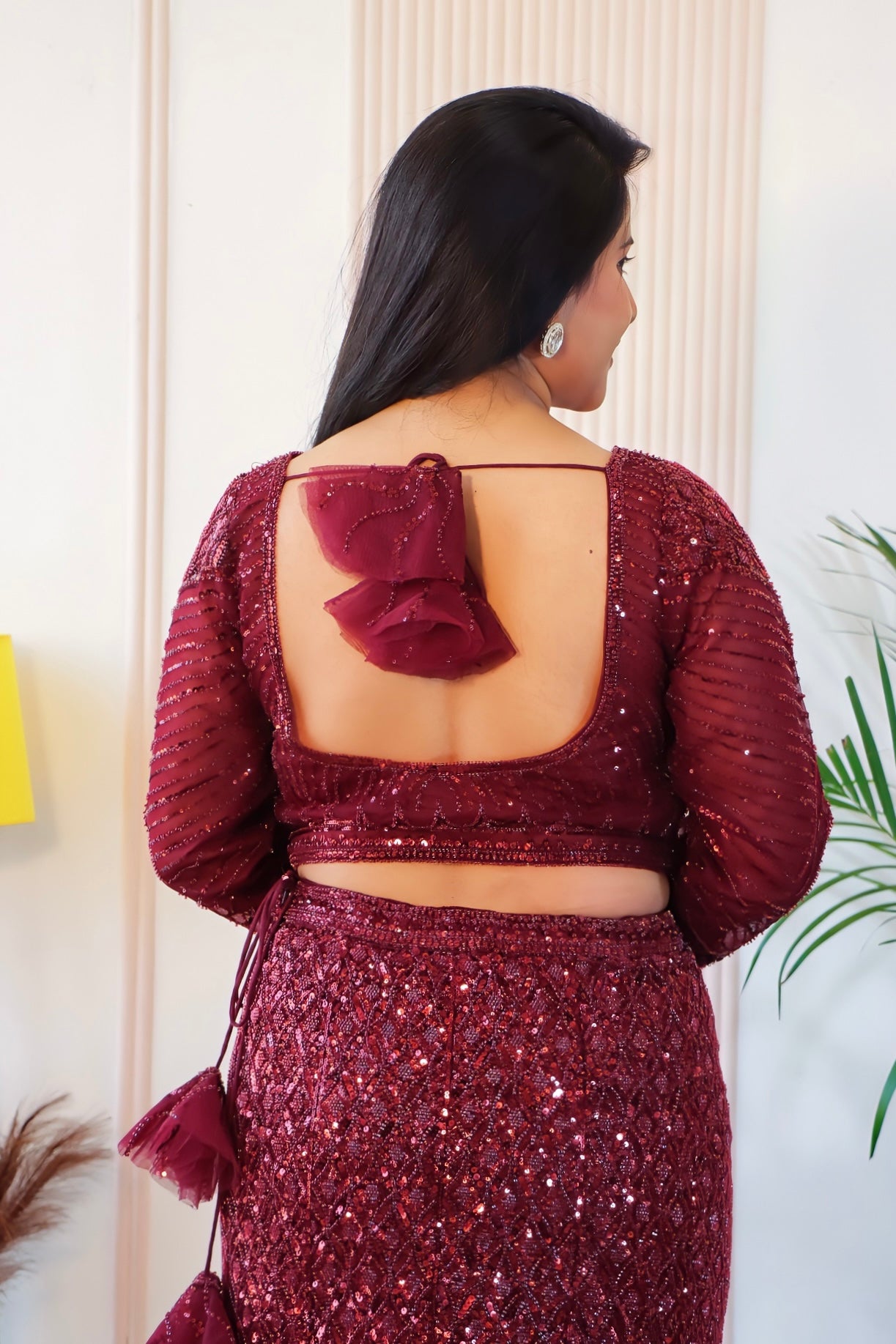 Maroon Net Fish Cut Lehenga