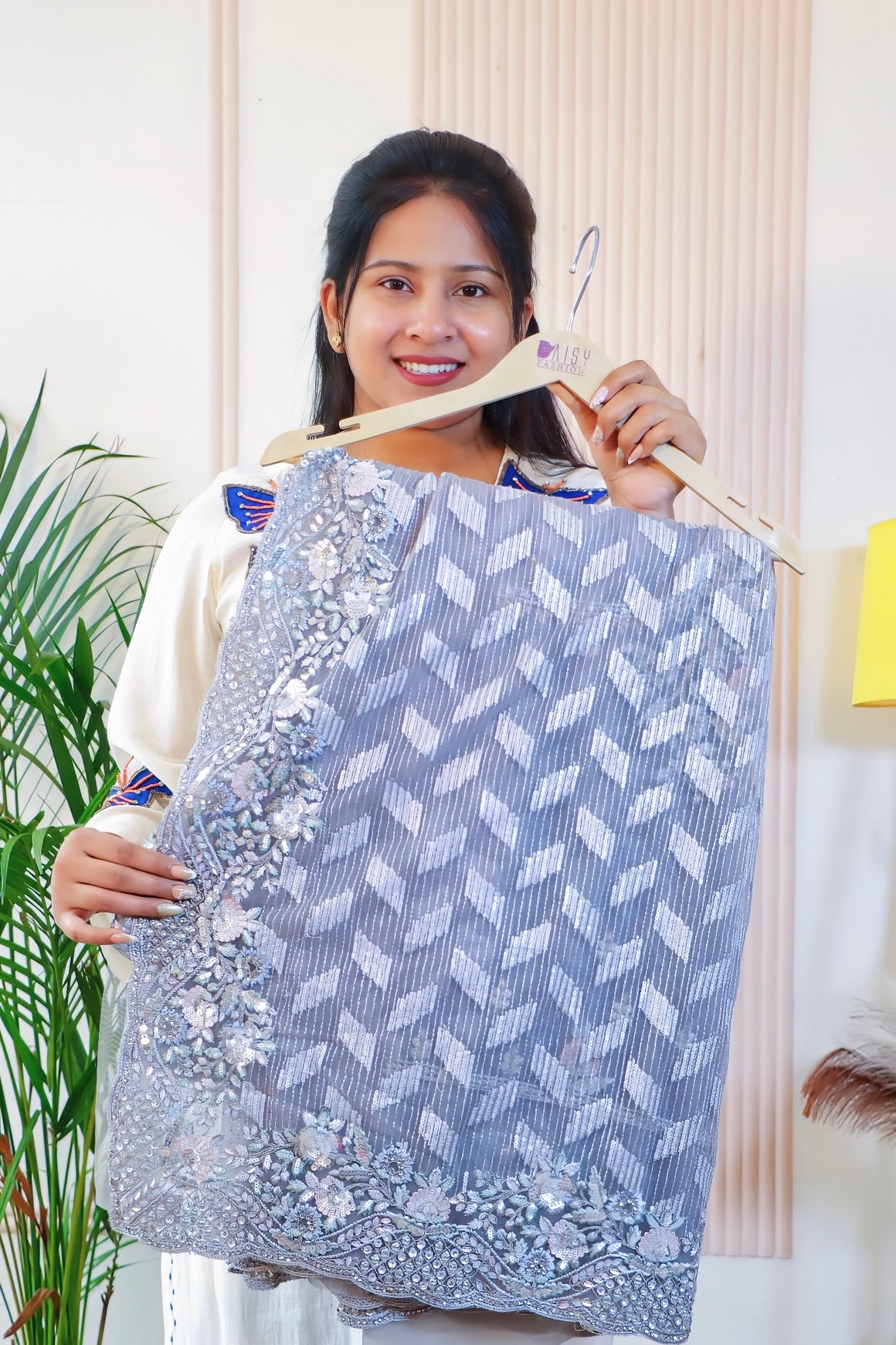 Elegant Grey Net Saree