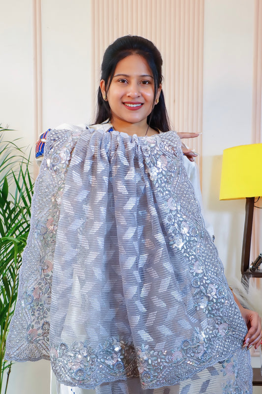 Elegant Grey Net Saree