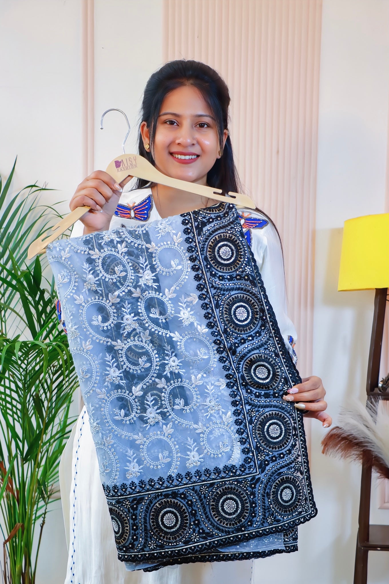 Graceful Grey Black Net Embroidered Saree