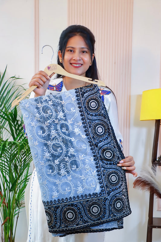 Graceful Grey Black Net Embroidered Saree