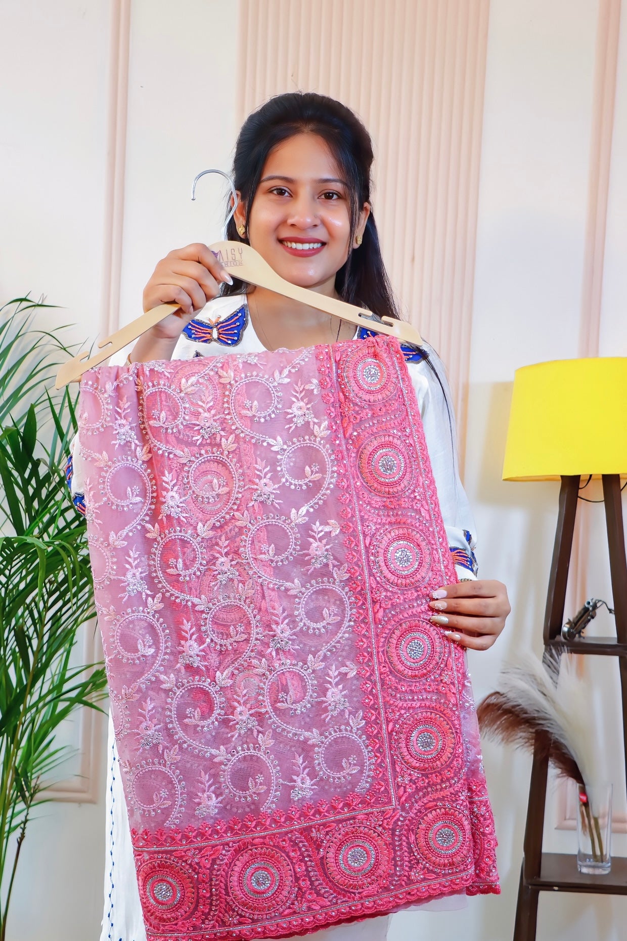Graceful Pink Net Embroidered Saree
